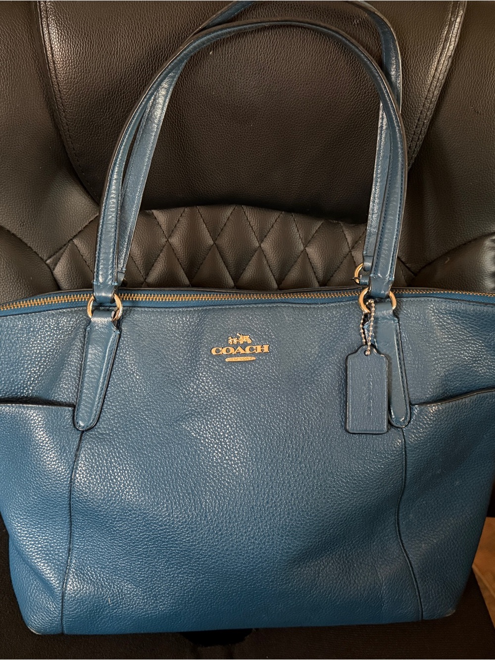 Coach Pebbled Leather Tote in Teal Blue with Gold Hardware
